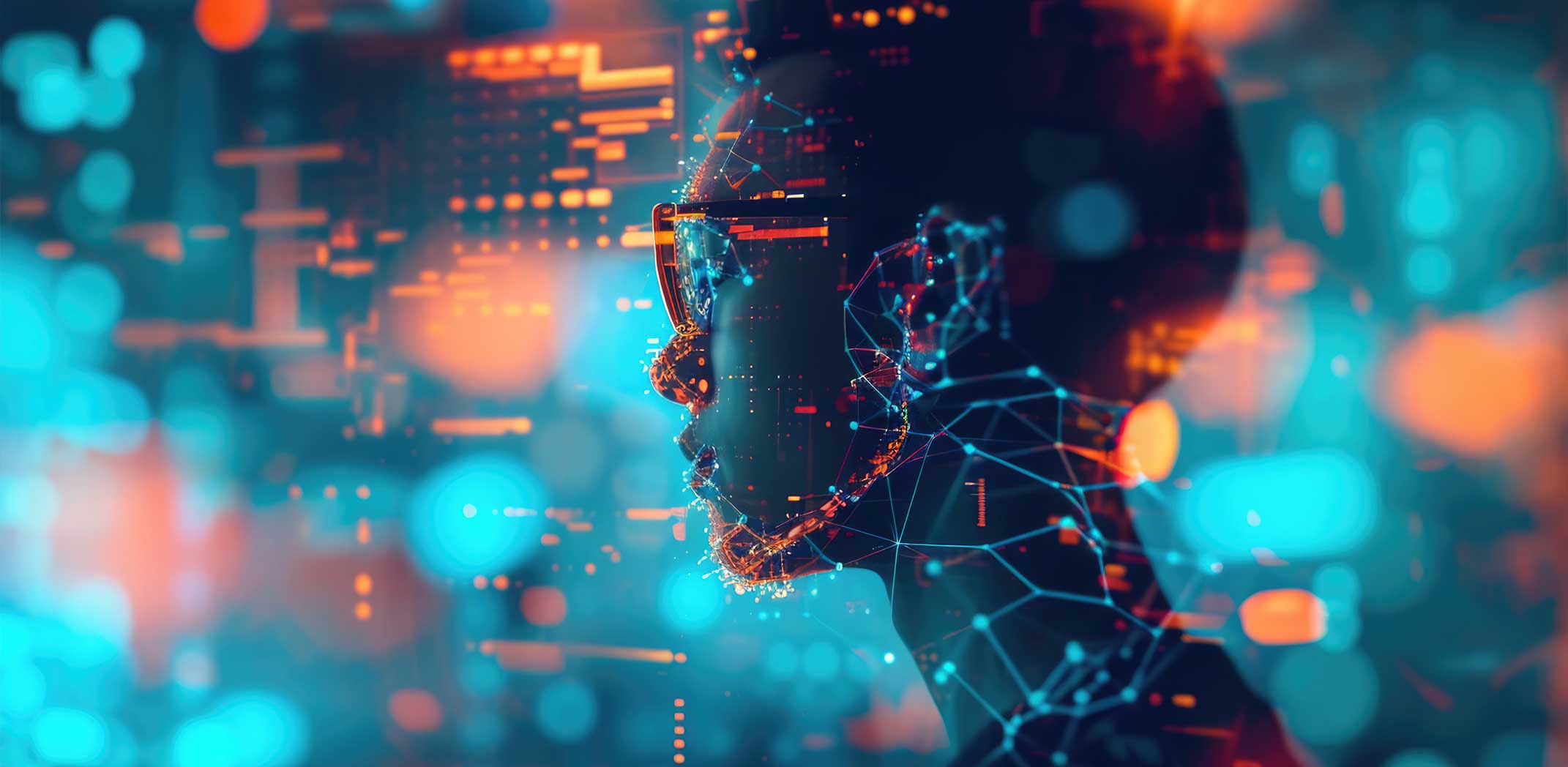 Portrait overlaid with a digital network and code